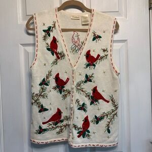 Bobbie Brooks Sweater Vest Medium Cardinal Bird Sequin Beaded Christmas Grandma